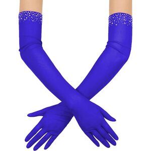 Women's Sexy Pearl Royal Blue Beaded Long Gloves Tulle Mesh Wedding Party Prom